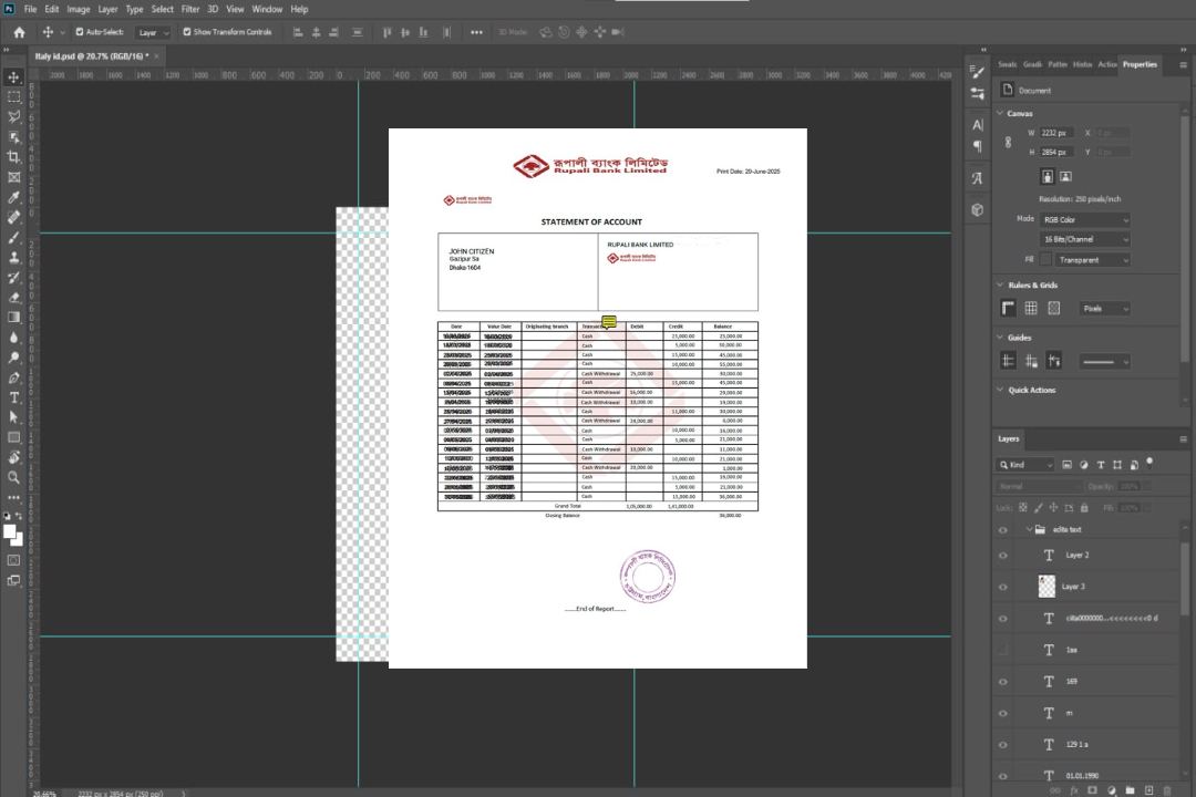 Bangladesh Rupali Bank relevé de compte Modèle Word et PDF template